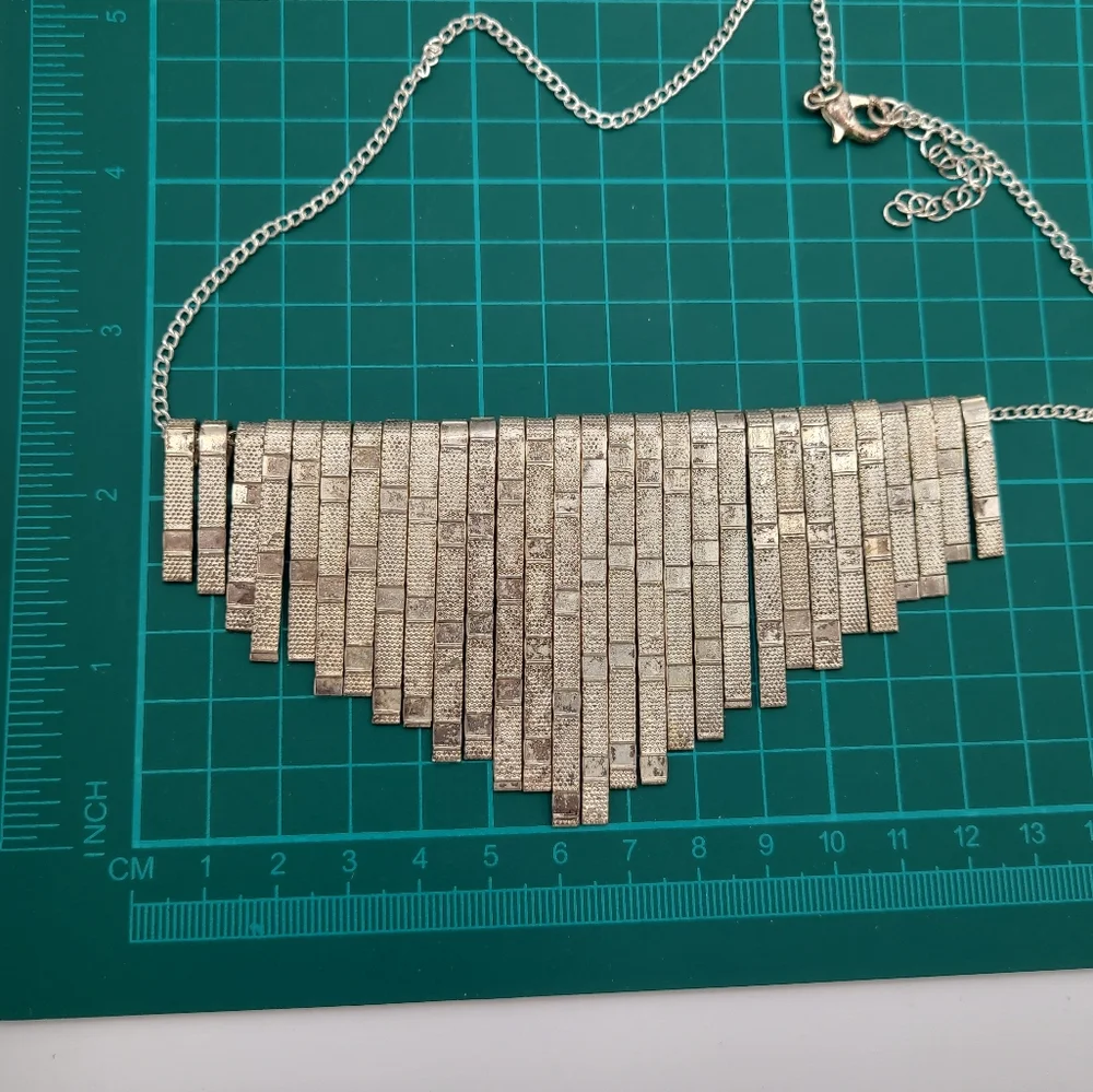 Vintage Silver Fringe Necklace Statement Bib Industrial Modern Patina - Picture 5 of 8